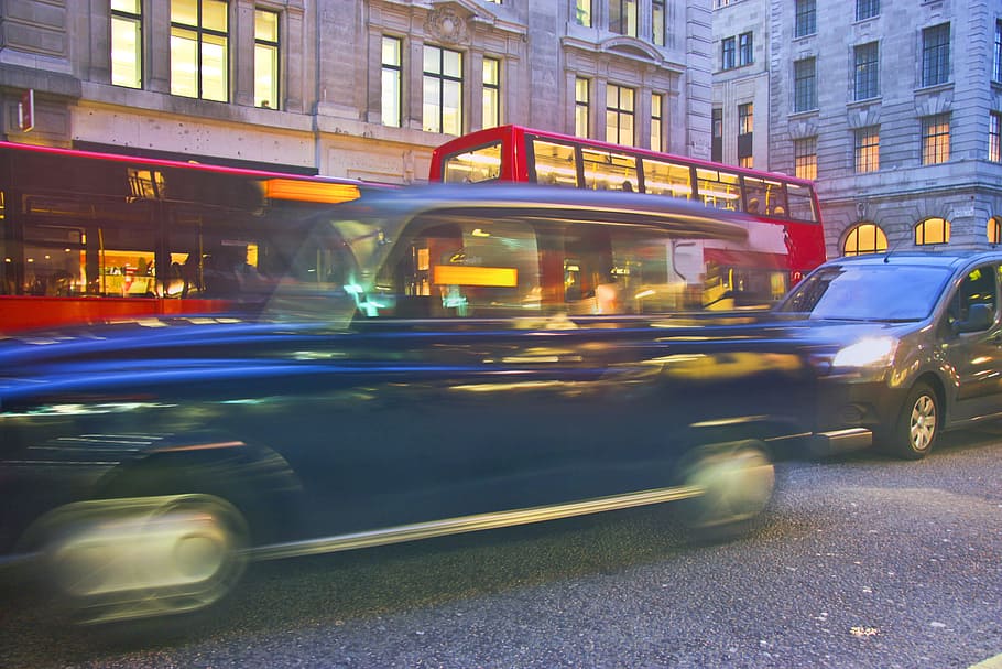 time lapse shot, taxis, double, decker buses, london, blur, drive, landscape, motor, night