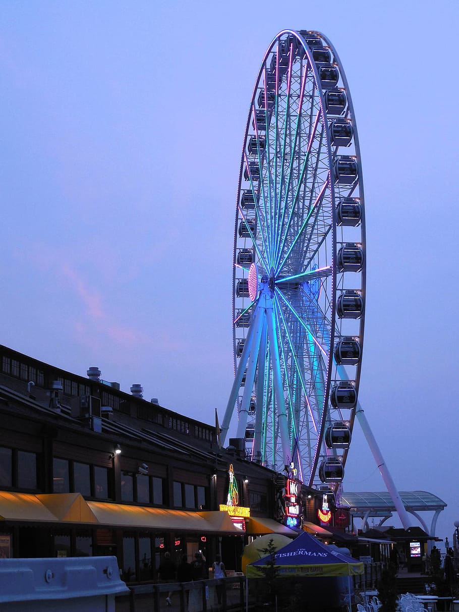 ferris wheel, seattle, seattle great wheel, pier, entertainment, fun, twilight, waterfront, washington state, blue