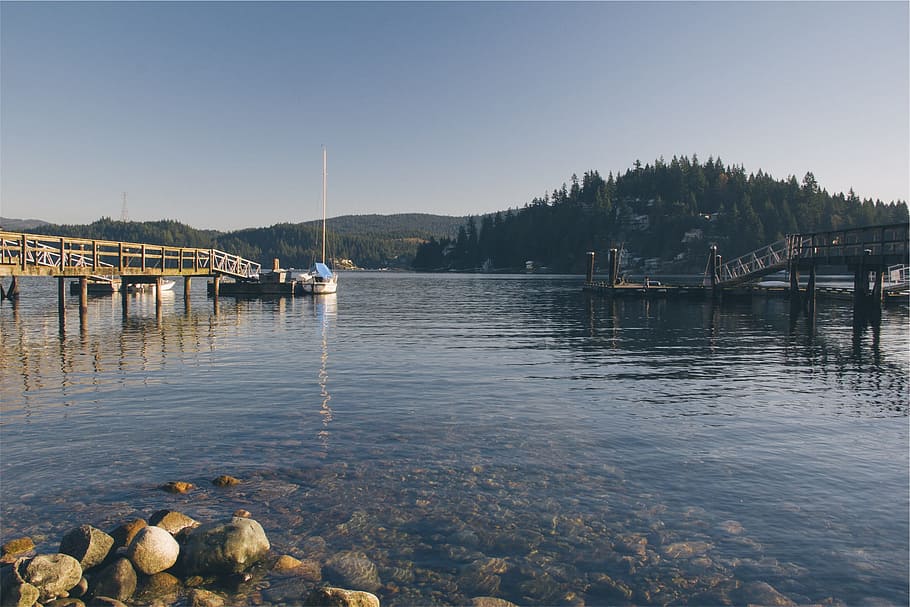 docks, boats, lake, water, rocks, cottages, mountains, trees, transportation, nautical vessel