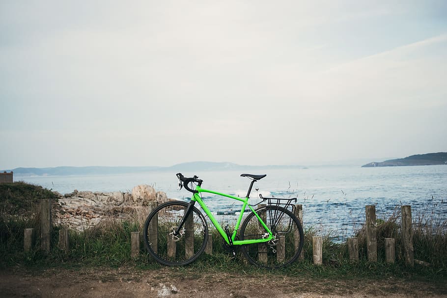 green, sports bicycle, sea, overcast day, Adventure, Bike, Coast, Landscape, Pathway, Seat