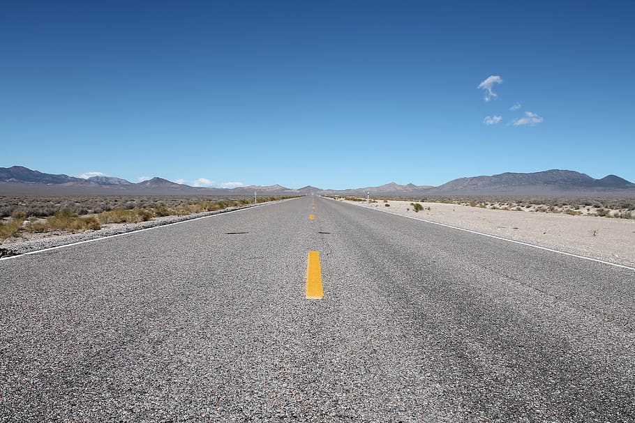 highway, desert, road, asphalt, extraterrestrial highway, the way forward, direction, mountain, blue, sign