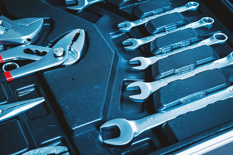 herramientas, negro, caja de herramientas., muchas, llaves, juegos de herramientas, metal, tecnología, ninguna persona, primer plano
