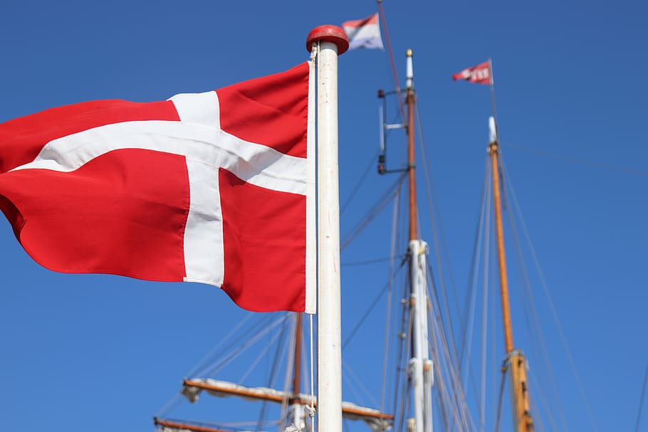 dinamarca, bandeira, dinamarquês, terra, mastro, porto, patriotismo, azul, vento, vermelho