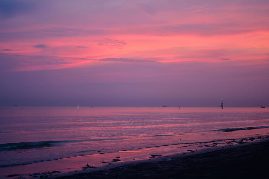 dawn, morning, sunrise, sea shore, beach, orange, clouds, horizon, sky, nature