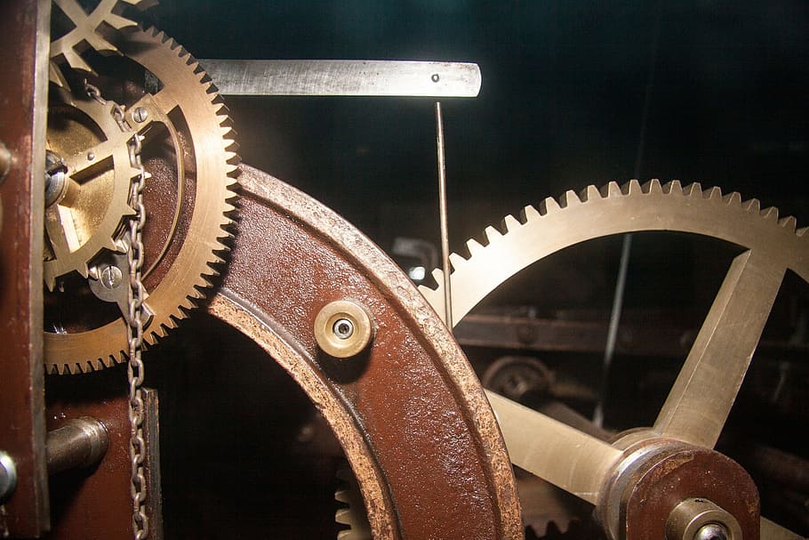clock, giant, working, movement, pulley, gear, machinery, machine part, equipment, metal