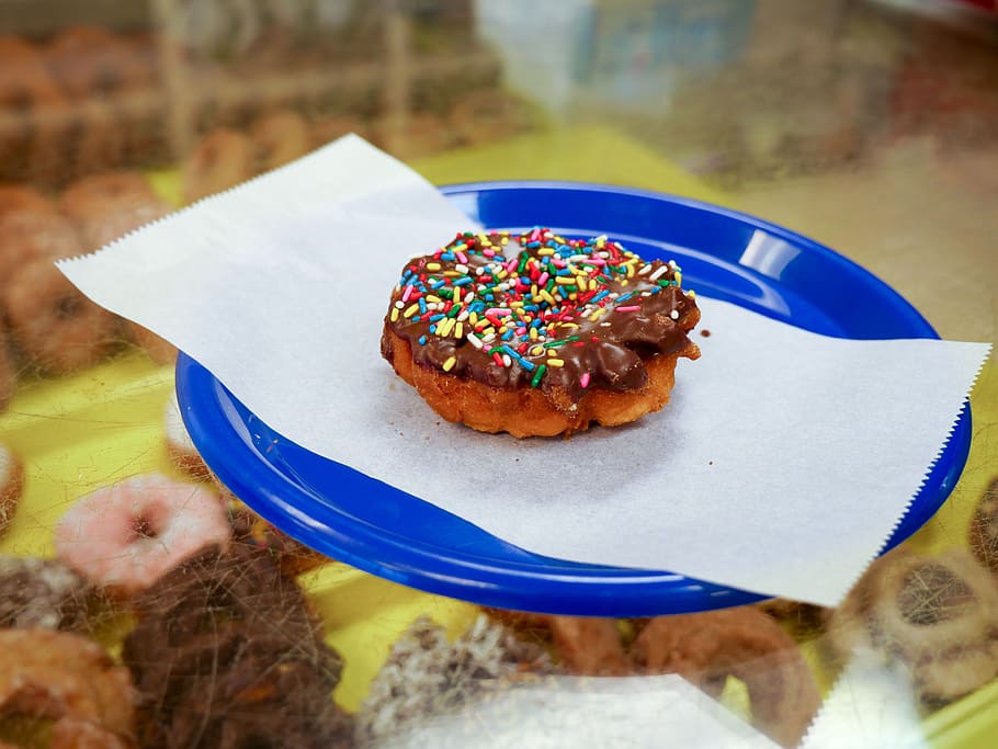 cake donut, sprinkles, chocolate icing, blue, plate., bakery, breakfast, calories, chocolate, colorful