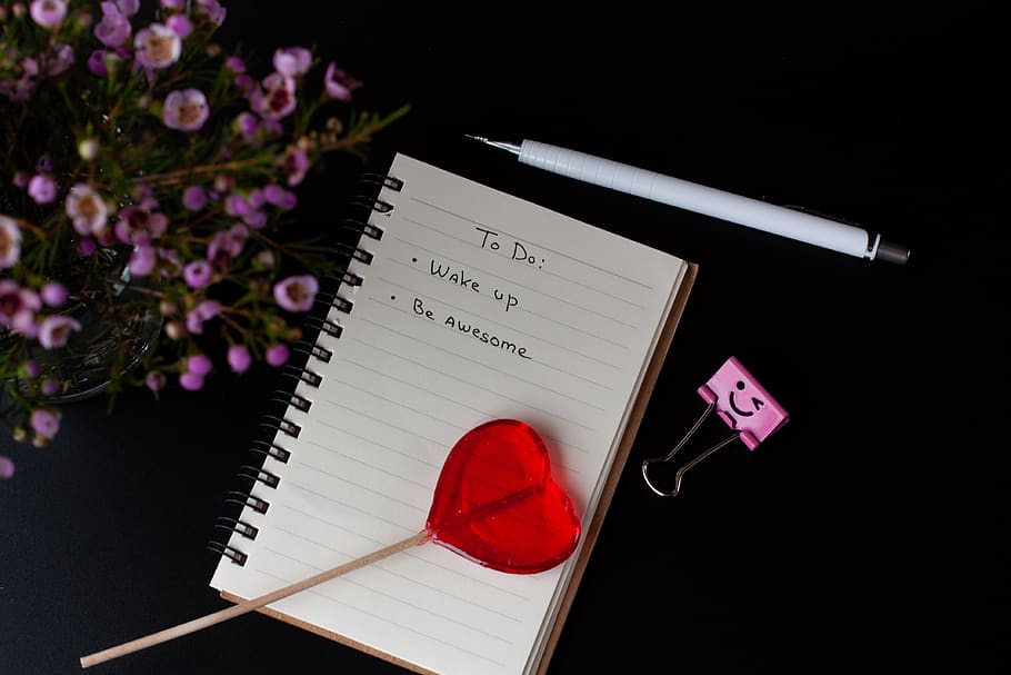 love, lollipop, flowers, notebook, black background, heart, sweet, red, to do list, pen