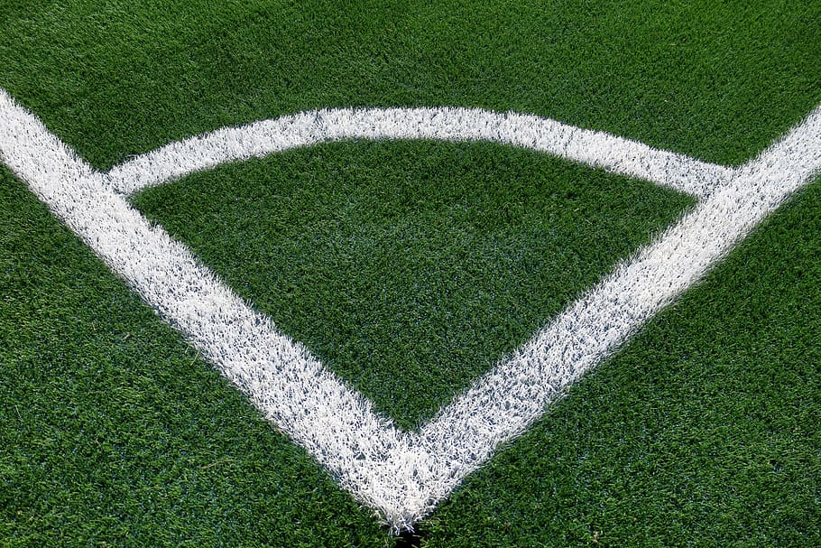 football field, corner, artificial turf, mark, white, football, grass, rush, line, playing field