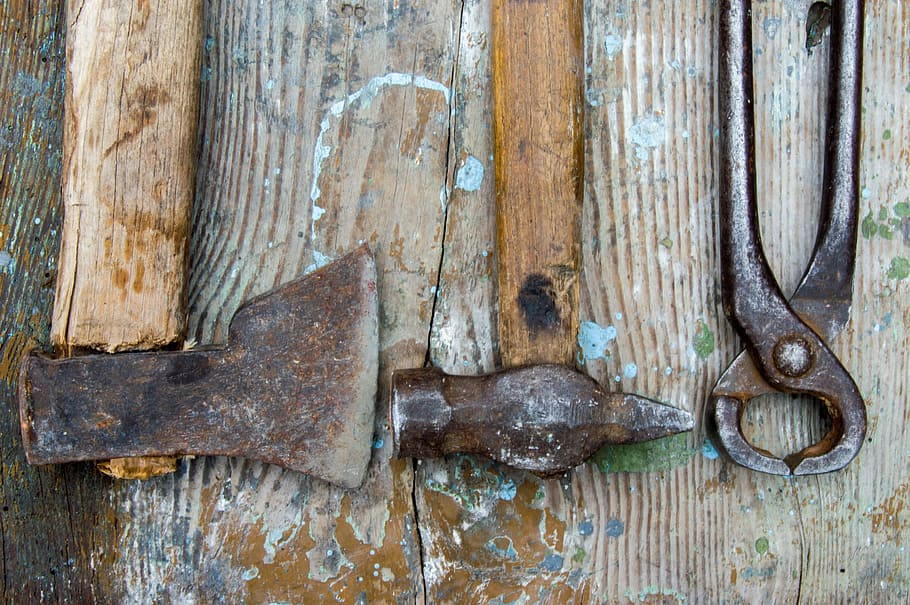 старый, столярные инструменты, -, пила, молоток, деревянный, таблица, работа, инструмент, оборудование