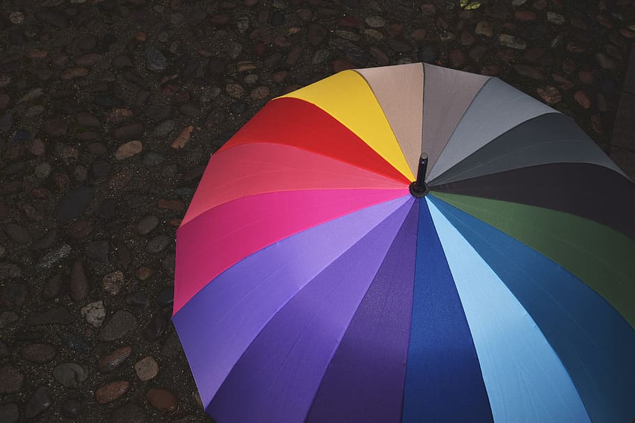 guarda chuva, chuvoso, dia, vários, brilhante, cor, cores, chuva, arco íris, chovendo