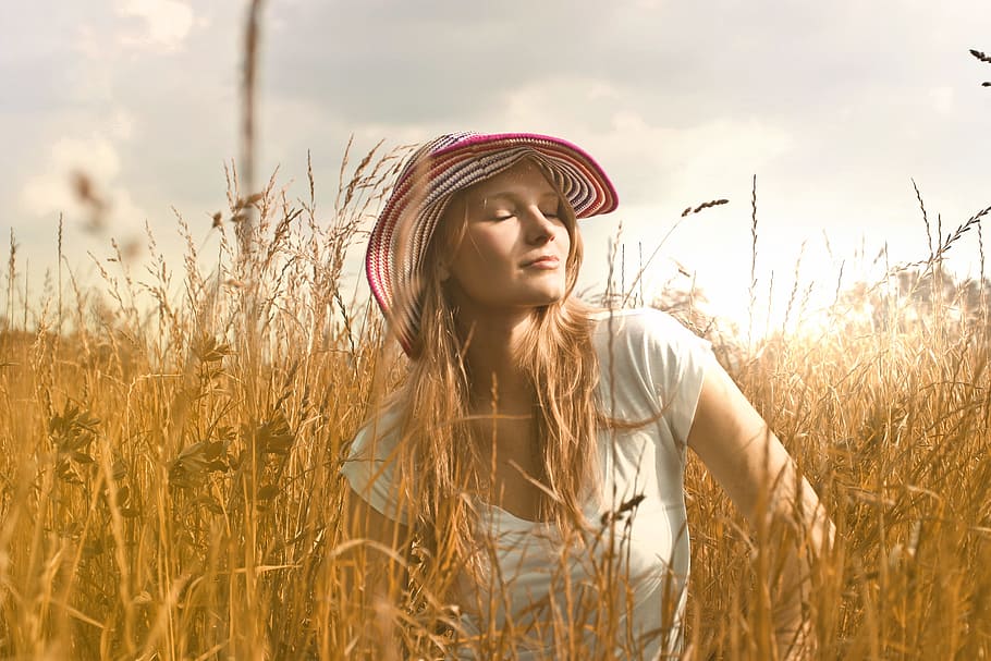 woman, sun, hat, field, farm, wheat, grass, girl, nature, countryside