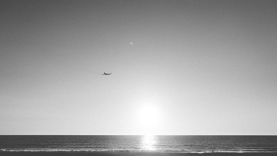 airplane, travel, trip, sunset, beach, water, ocean, black and white, sand, sea