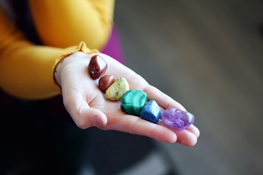 hand, holding, chakra, stones, gems, love, woman, crystals, rainbow, female
