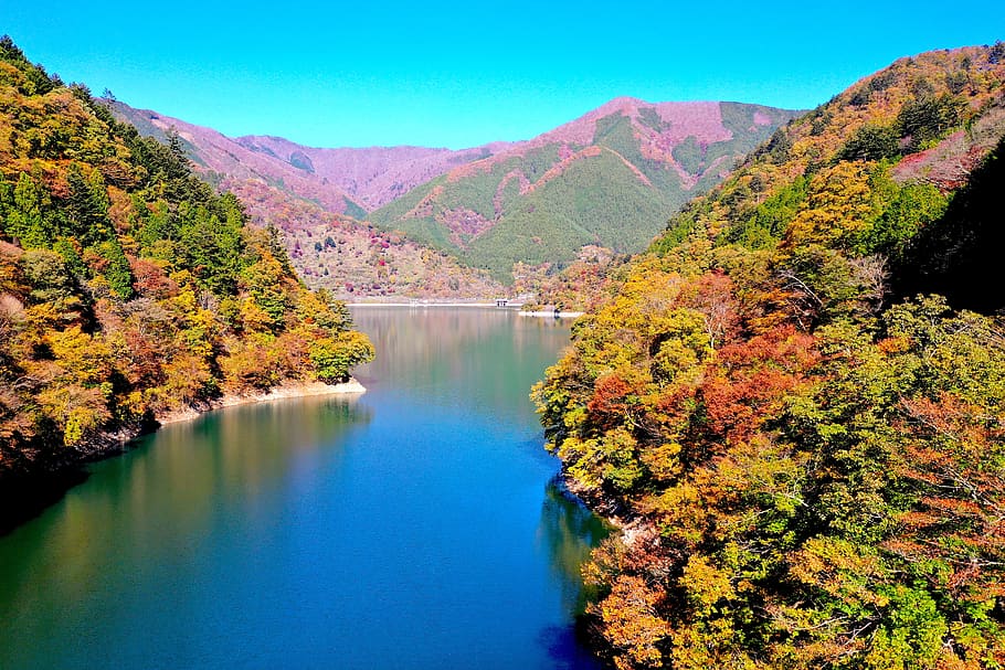 drone, autumn, beautiful, japan, water, scenics - nature, mountain, beauty in nature, tranquility, tranquil scene