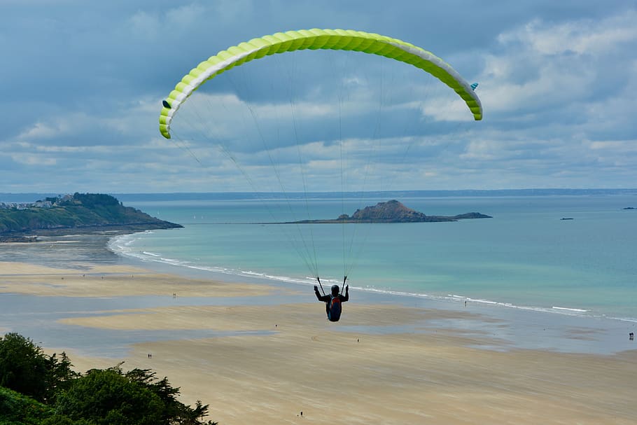 paragliding, paraglider, veil yellow green, sport, flight, hobbies, adventure, nature, air, sky