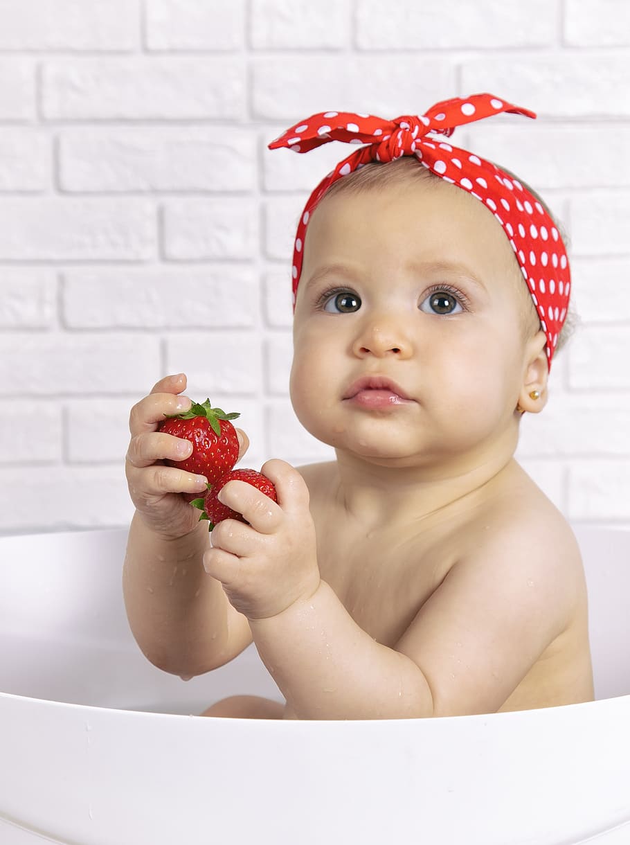 strawberries, girl, fruit, bathroom, milk, real people, one person, baby, red, young