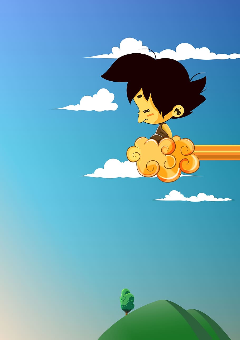 sky, nature, goku, dragon ball, cloud, low angle view, mid-air, flying, blue, day
