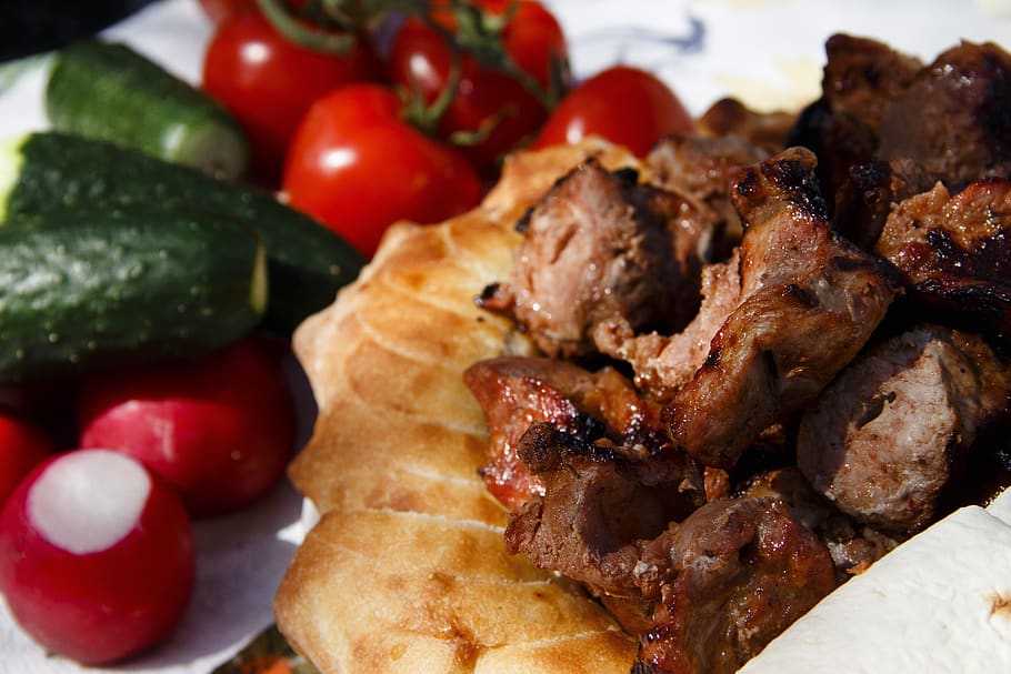 shish kebab, parrilla, verduras, carne, barbacoa, alimentos, nutrición, delicioso, sabroso, rojo
