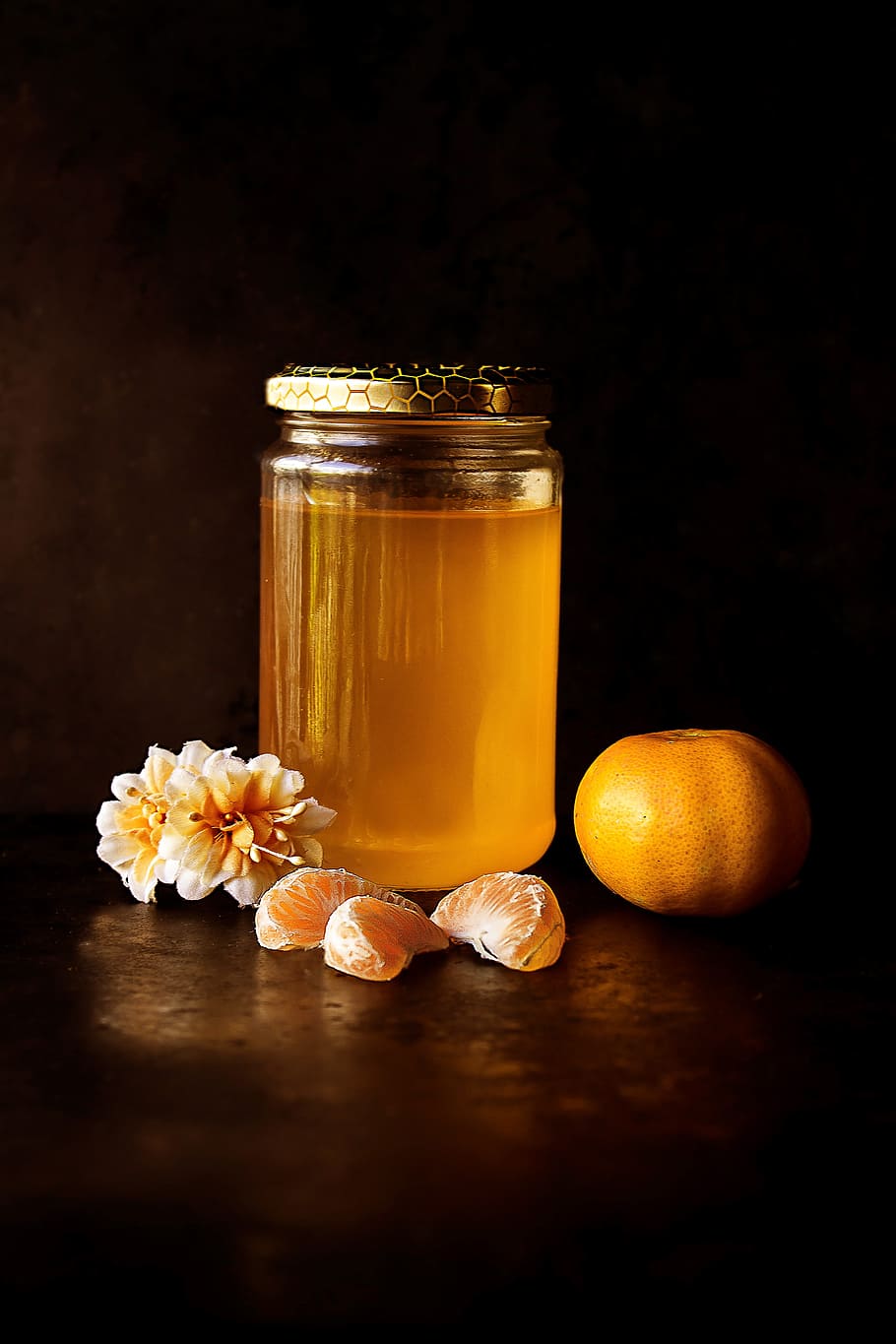 food, honey, orange, jar, flowers, reflection, styling, photography, food and drink, container