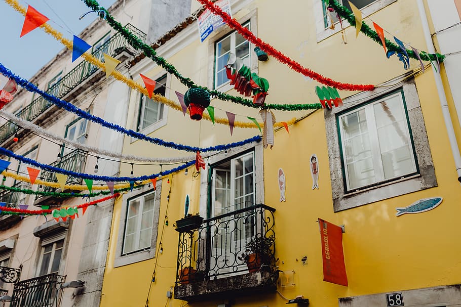улицы, украшены, праздник святого антони, лиссабон, португалия, счастливый, город, европа, украшения, путешествия