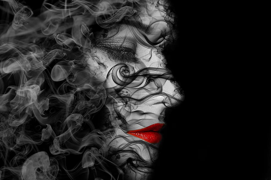 woman, face, human, dispersion, head, art, smoke, smoke - physical structure, black background, studio shot