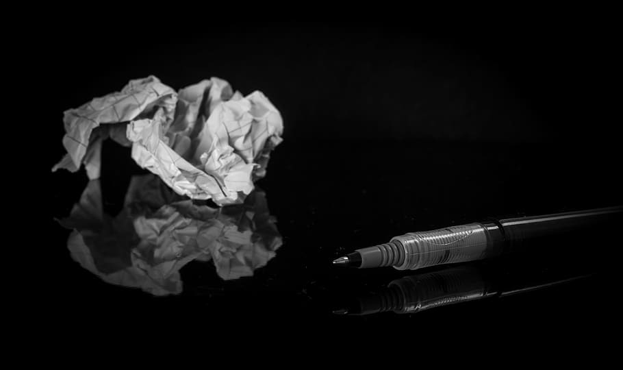 scratch, crumpled, paper, pen, black and white, reflection, black background, studio shot, indoors, healthcare and medicine