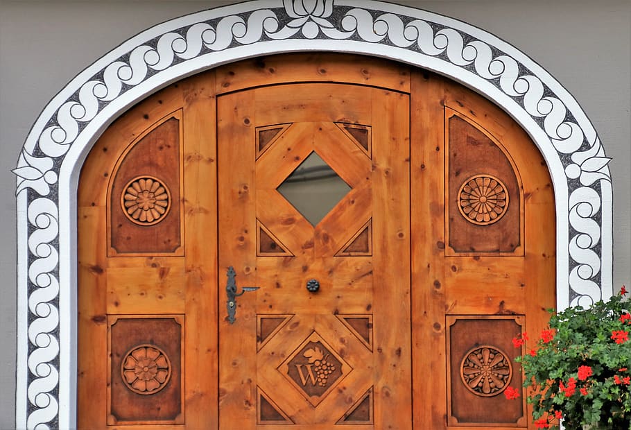 entrance, old, closed, building, portal, wooden, red, alpine, style, weathering