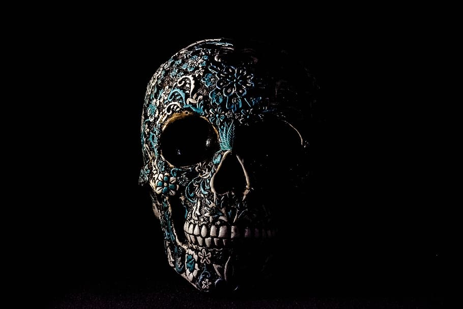 crânio, osso, mexicano, esqueleto, cabeça, humano, gótico, tiro do estúdio, fundo preto, dentro de casa