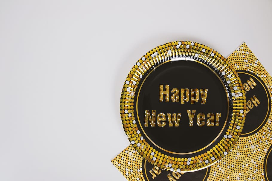 happy, new, year concept, paper plate, copy space, gold colored, studio shot, architecture, shape, indoors