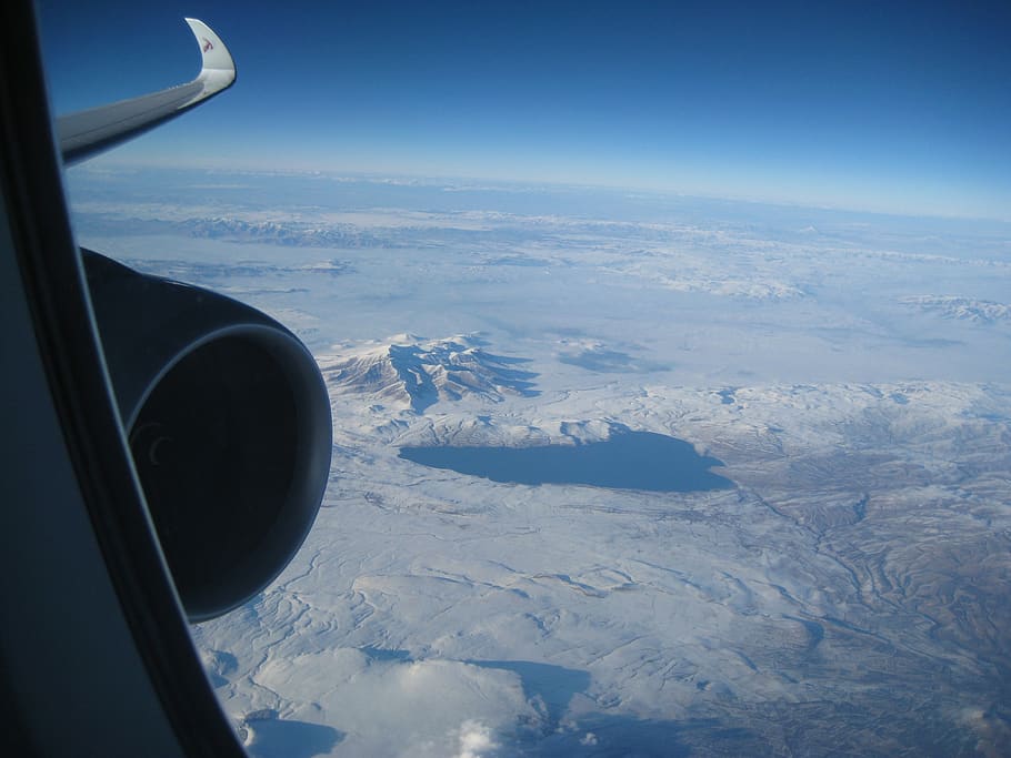view, flight, turbine, snow, mountains, airplane, air vehicle, mode of transportation, transportation, flying