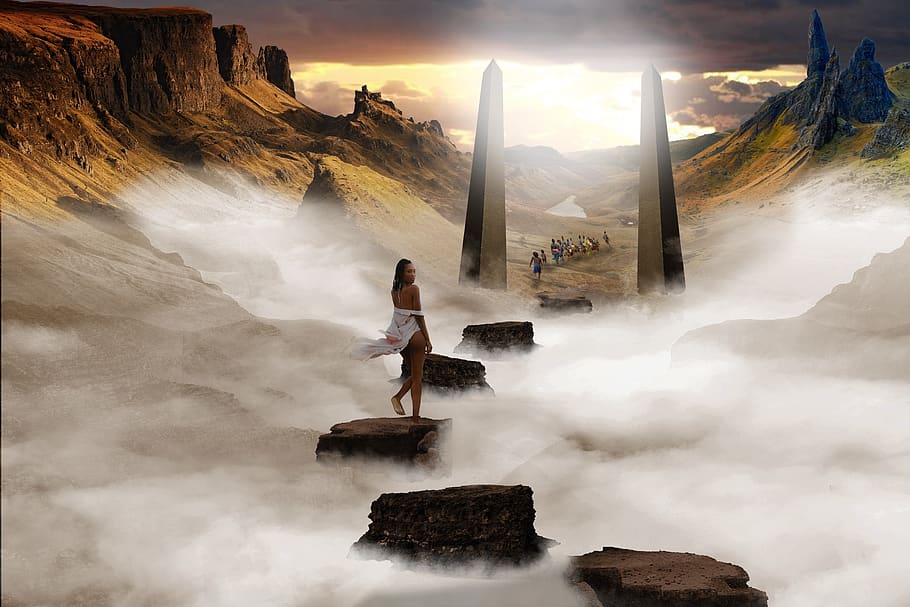heaven, paradise, souls, obelisk, dawn, mountains, valle, clouds, migrants, tragedy