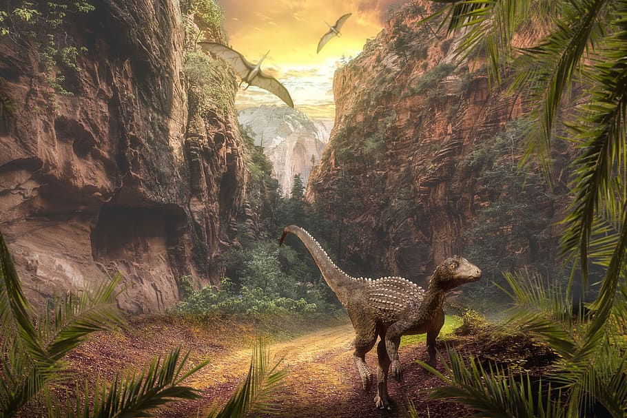 landscape, mountain, sky, clouds, nature, dinosaurs, tree, animal, animal themes, plant
