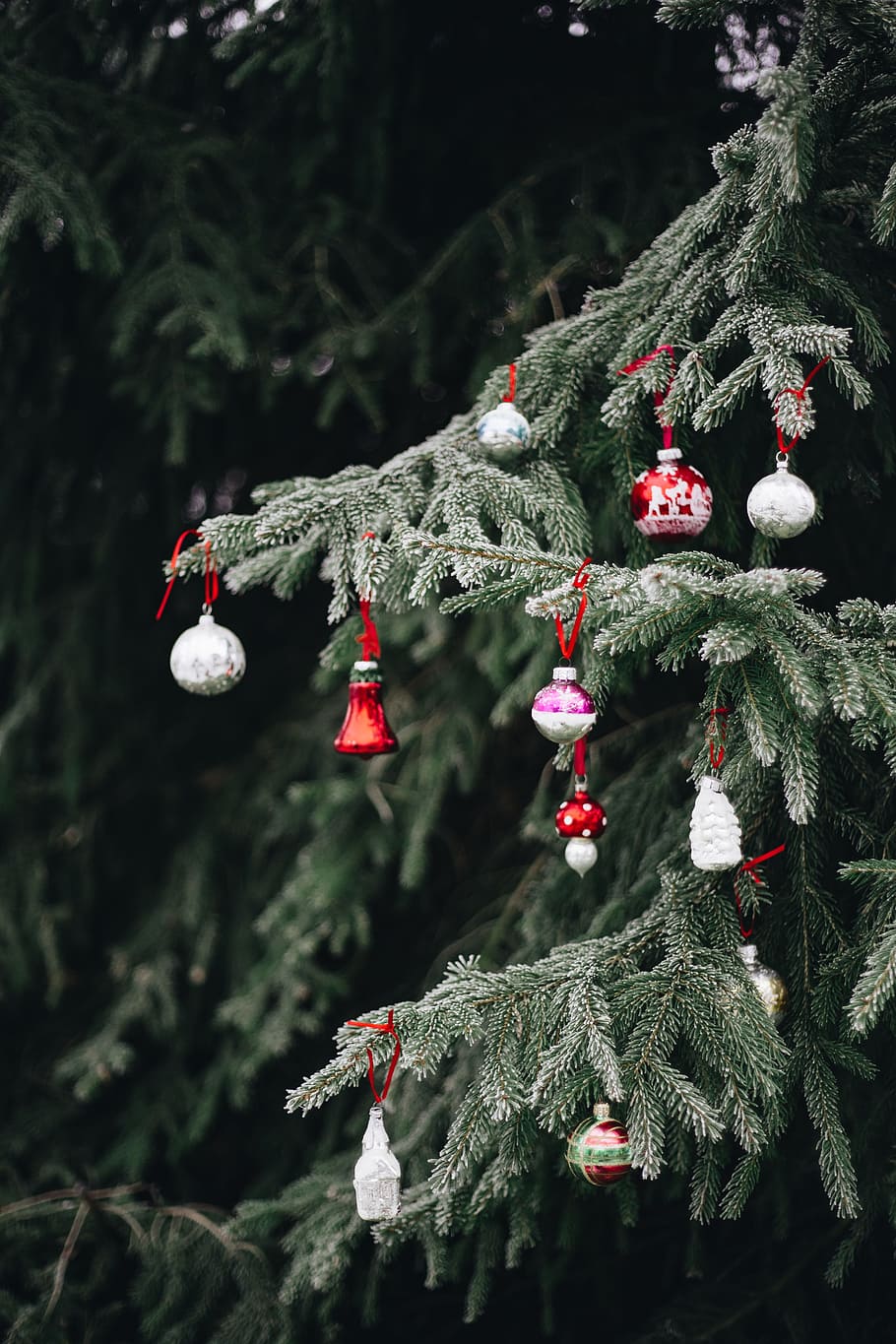 старомодный, елочные украшения, винтаж, старый, ретро, ​​дерево, зима, рождество, елочные шары, на открытом воздухе