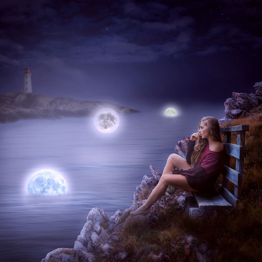 moon, girl, bench, breakage, water, lighthouse, night, river, sky, light