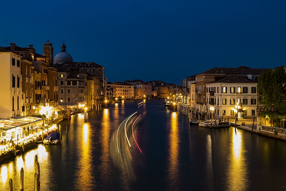 Veneza, Itália, noite, incrível, bonita, luzes, viagem, escuro, reflexão, cidade