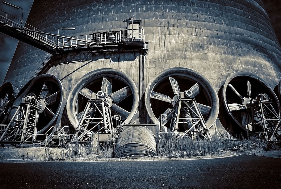fan, cooling, propeller, cooler, turn, air, cooling tower, black and white, industry, rotate