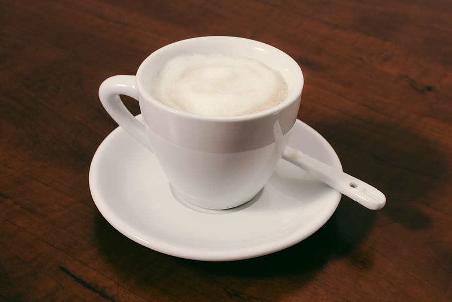 hot, drink, white, cup, saucer, milk, wooden, table, crockery, mug