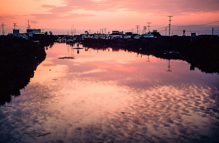sunset clouds reflection, water, salmon fishing village, beautiful, bright, cloud, coast, fishing, horizon, lake