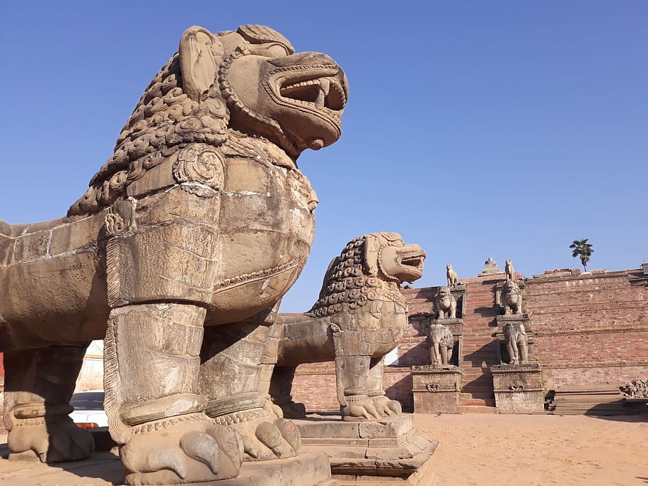 massive, sculptures, bhaktapur durbar square, located, nepal., bhaktapur, nepal, pawankawan, visitnepal2020, sculpture
