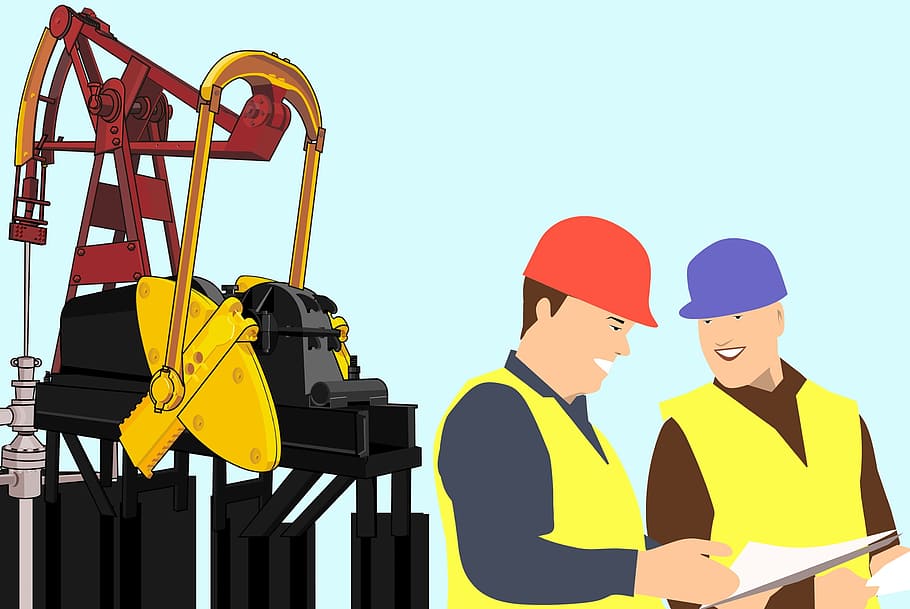 ilustração, trabalhadores, engenheiros, plataforma de petróleo, óleo, equipamento, broca, engenheiro, extração, combustível