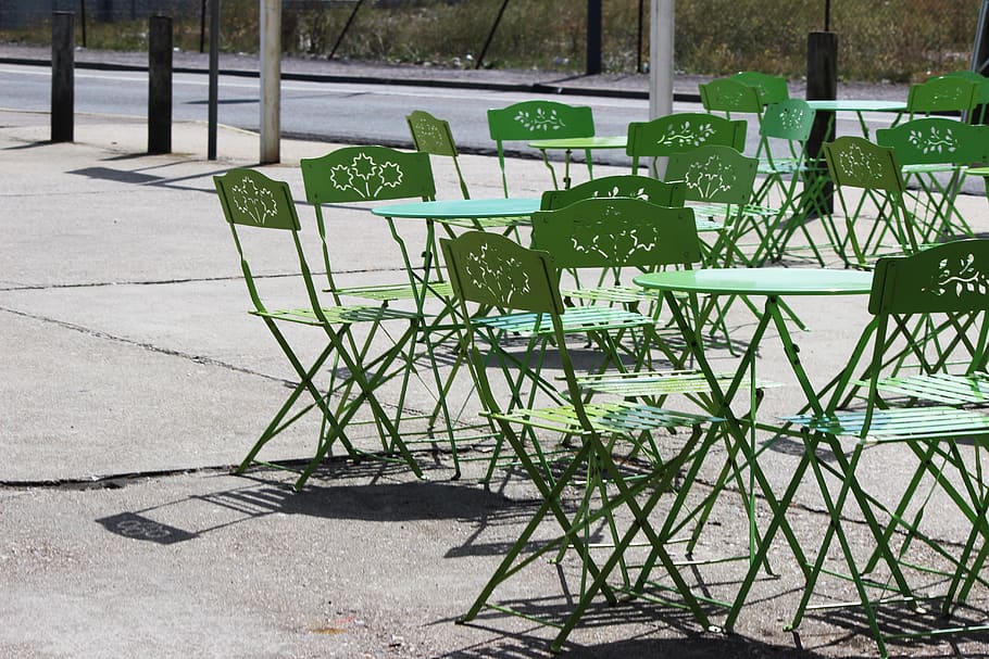 terrace, france, summer, tréport, tables, chairs, green, communication, text, sign