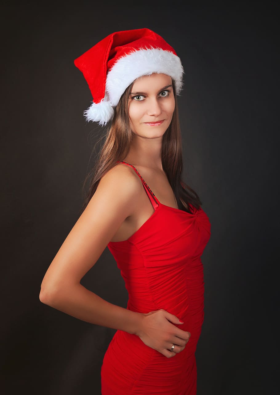 christmas, young woman, woman, santa claus, santa hat, red dress, person, model, portrait, smile