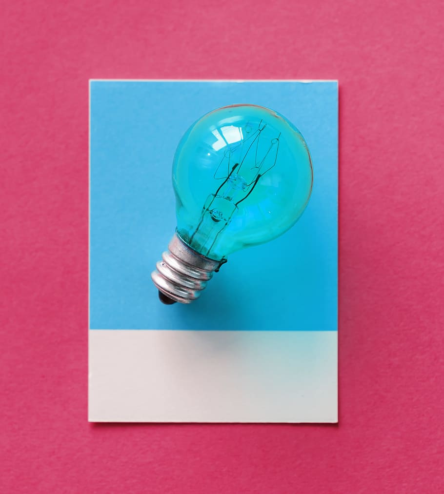 blue, bulb, card, colorful, concept, conceptual, creative, creativity, design, electric