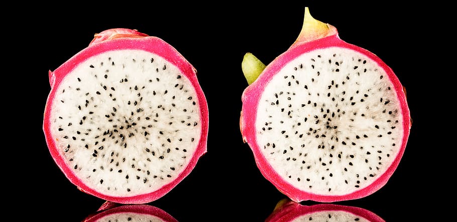 dragon fruit, isolated, on black background, studio shot, black background, food and drink, indoors, food, cross section, close-up