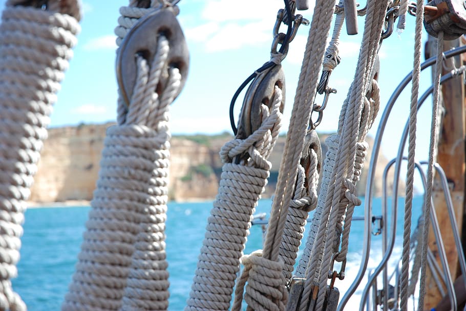 ropes, ship, rigging, cordage, knot, boat, sail, focus on foreground, strength, rope