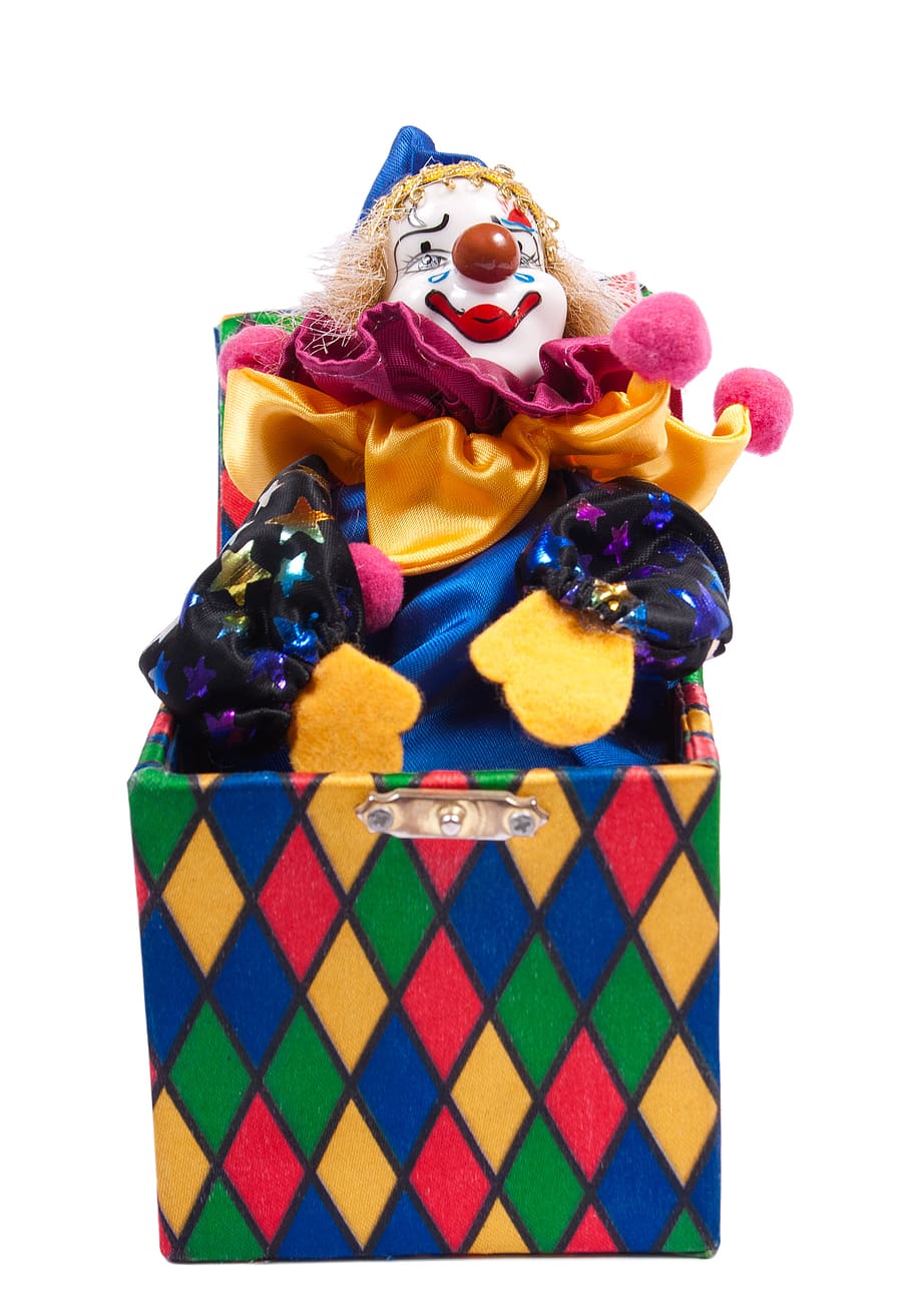balloon, box, carnival, circus, clown, color, colorful, colourful, dummy, eye