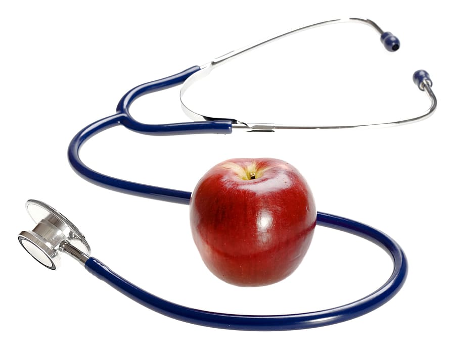 stethoscope, apple, background, cardiac, cardiology, care, closeup, concept, conceptual, device
