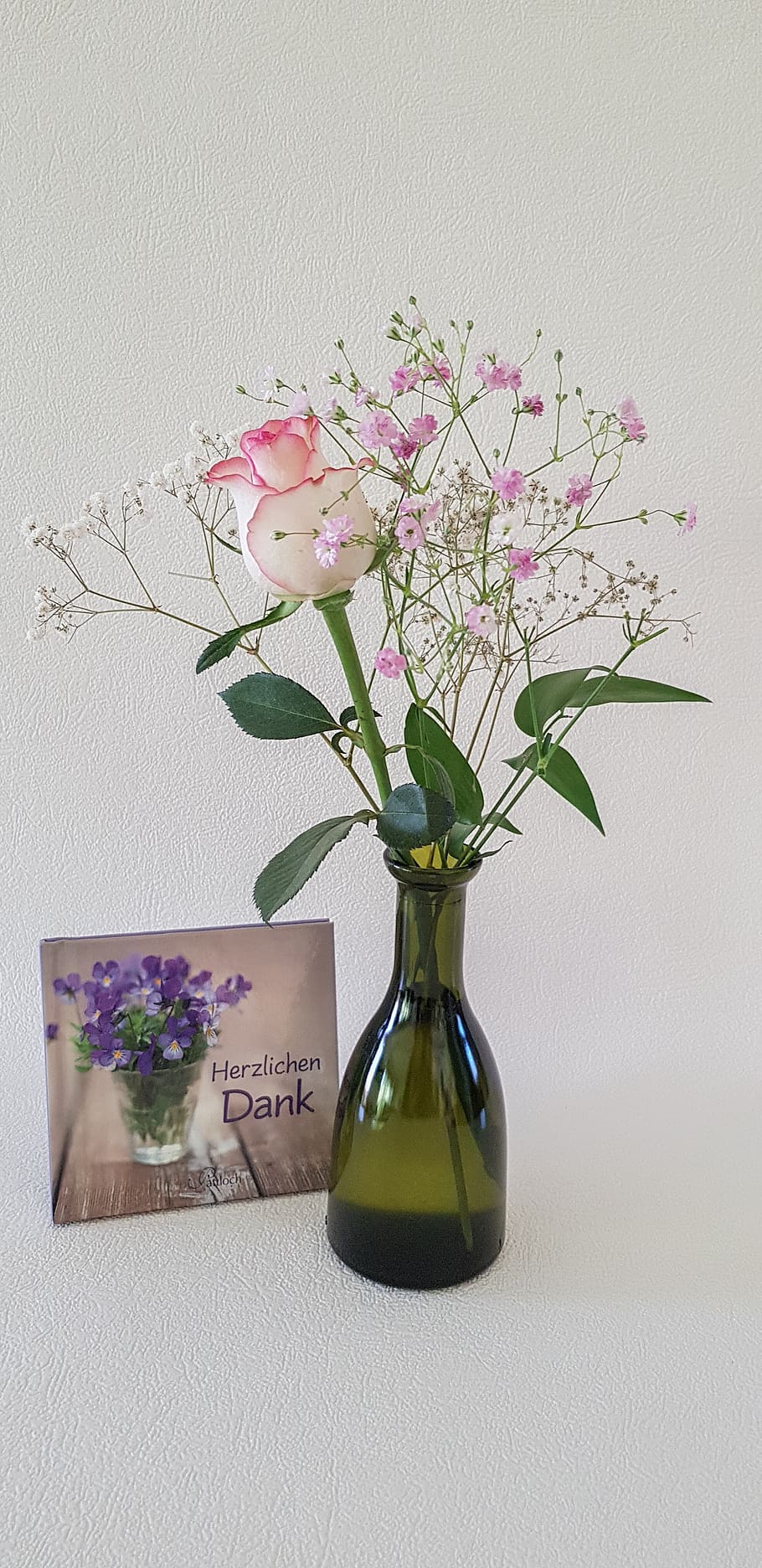 rose, gypsophila, white pink, flower, plant, leaf, glass vase dark green, book, thanks to congratulations, thank you