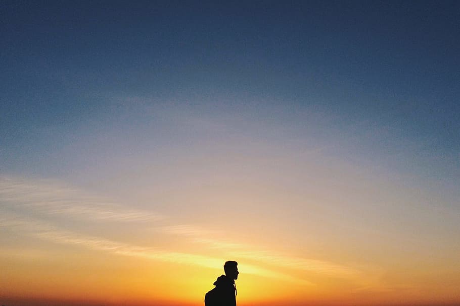 man silhouette, sunset, peopleTravel, adventure, man, sky, silhouette, one person, real people, orange color