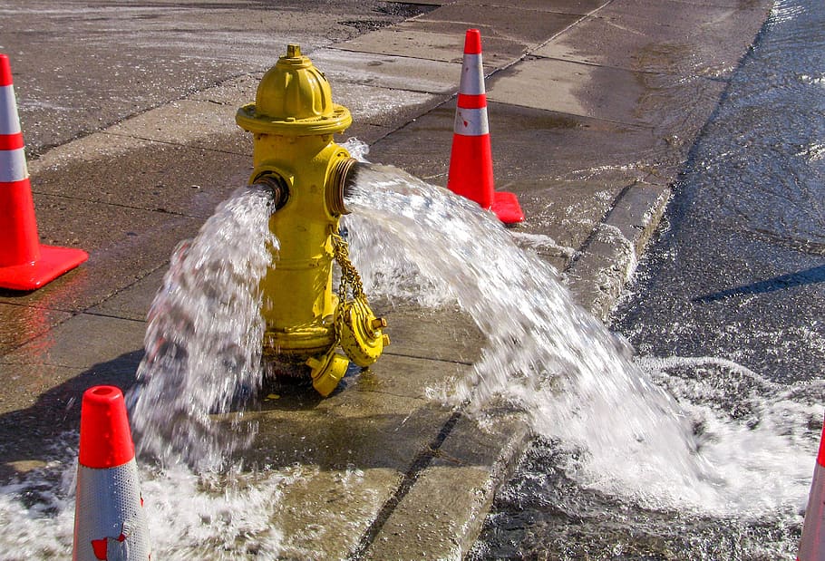 wet, water, spray, outdoors, hydrant, motion, safety, day, yellow, nature